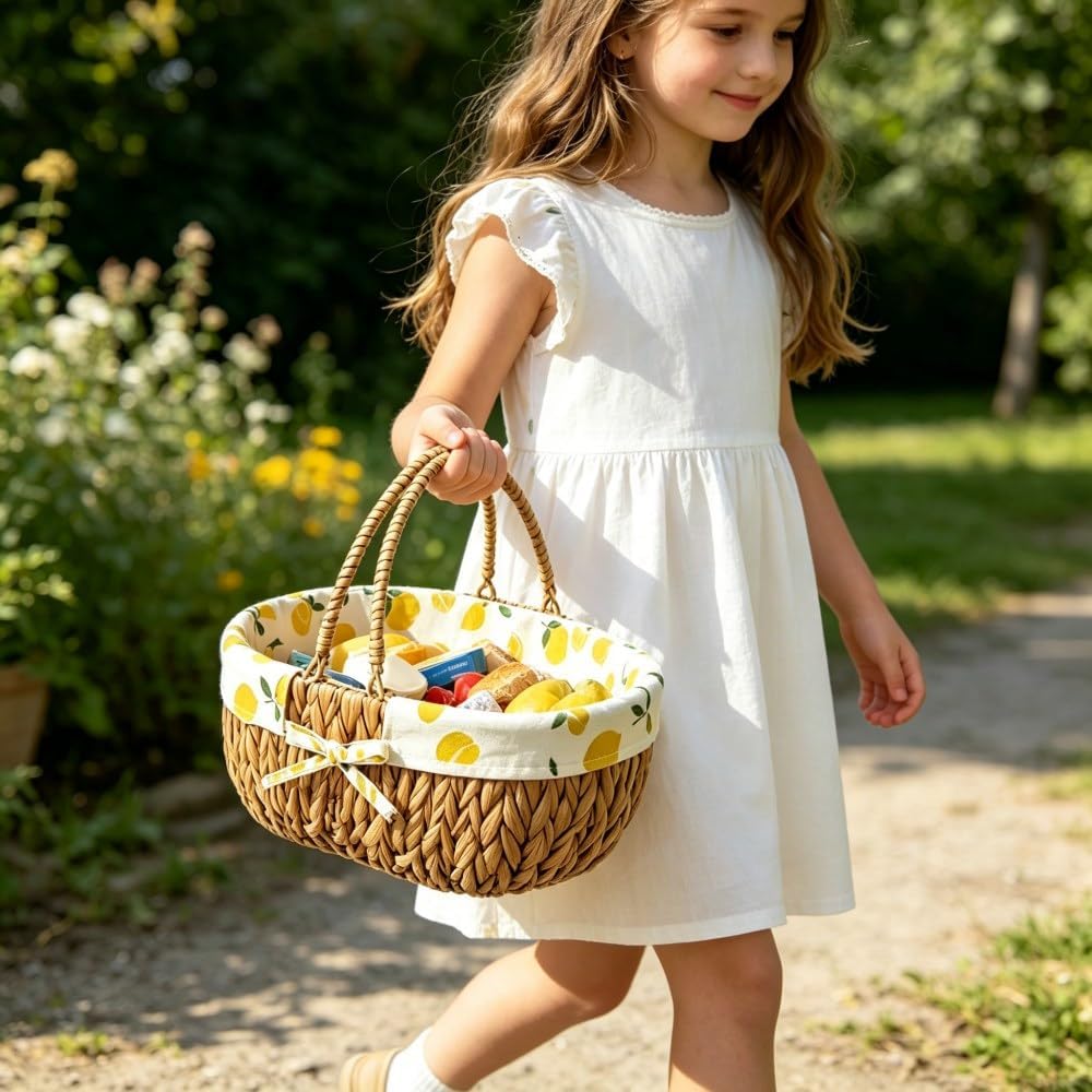 Medium Picnic Basket, Woven Water Hyacinth with Handles for Camping