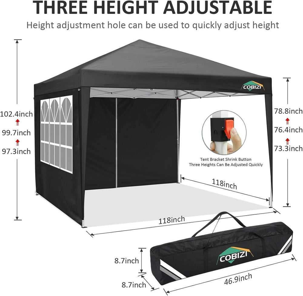 COBIZI 10x10 Pop Up Canopy with 4 Sidewalls, One Push Easy Setup, Black