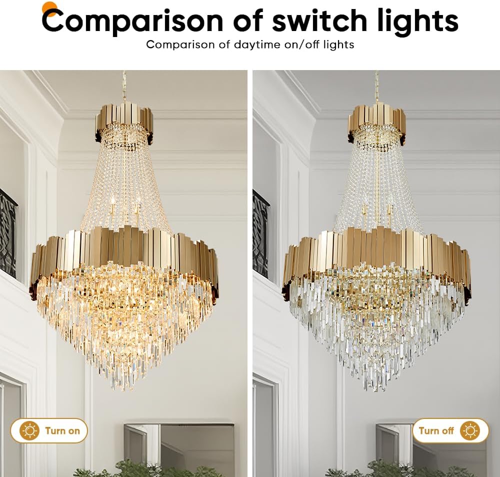 Crystal Chandeliers for High Ceilings 27-Light Modern Chandelier Large Gold C...