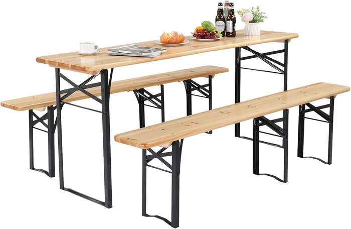 VINGLI 70 Inch Folding Picnic Tables with Benches Set, Weather-Resistant Wooden Beer Garden Table Bench, 3-Piece Portable Fold Up Camping BBQ Table w/Carrying Handles,Natural Wood Color
