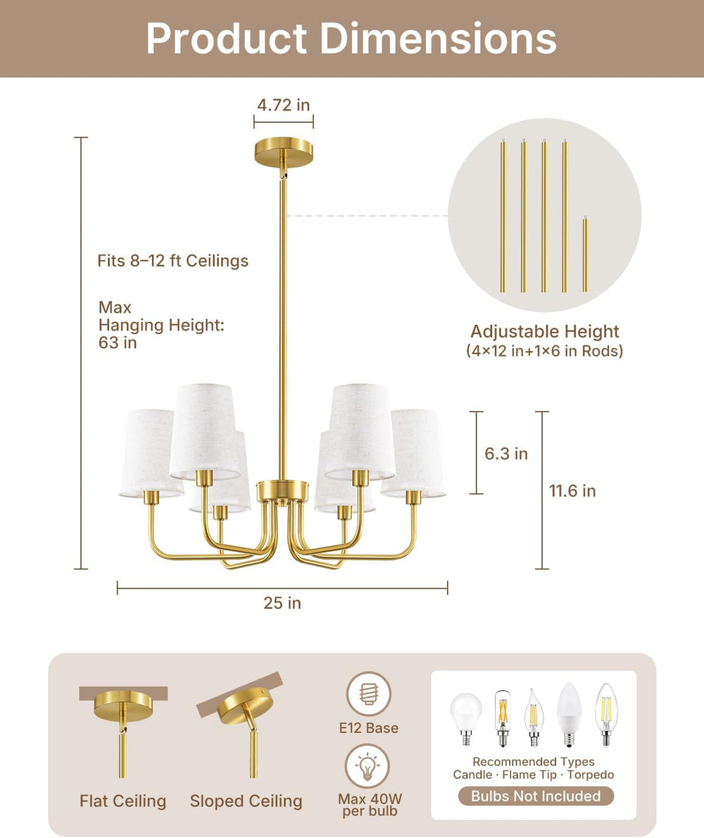 Yunnix 6-Light Gold Chandelier for Dining Room, No Assembly Modern Chandelier...