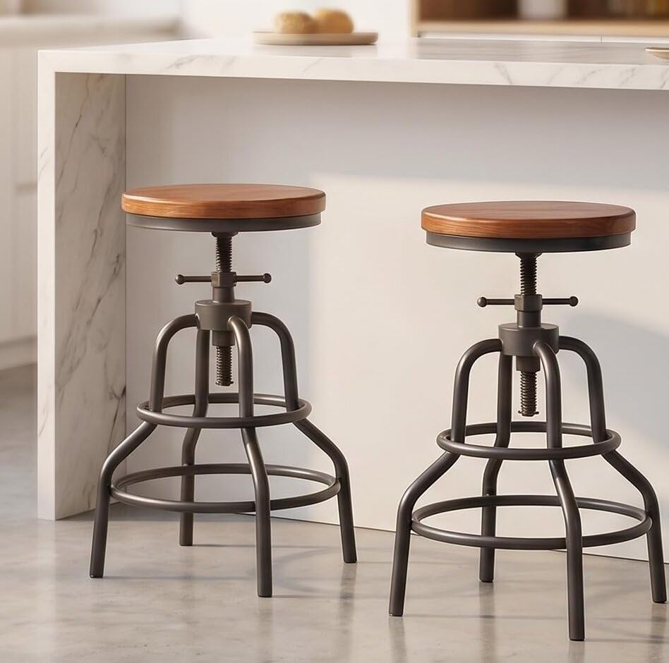 Industrial Bar Stools, Screw Twist Height Adjustable Counter Stool with Round...