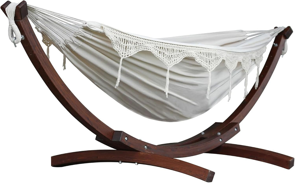 Vivere Double Cotton Hammock with Solid Pine Arc Stand - 450 lb Capacity, Dur...