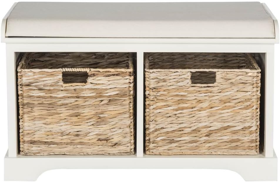 SAFAVIEH Freddy Wood Storage Bench, 33" Farmhouse Vintage White AMH5736D