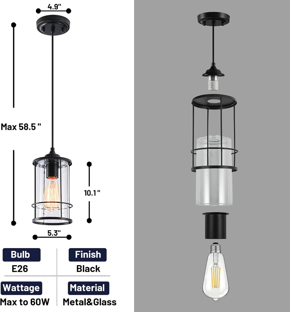 AKEZON Black Pendant Lights Kitchen Island, Farmhouse Cage Glass Light
