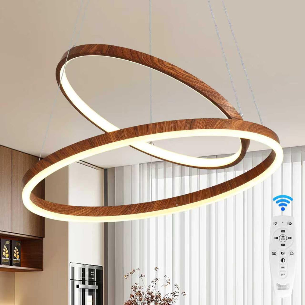 GlowHub Modern LED Chandelier for Dining Room 2 Ring Wood Grain Hanging Light...