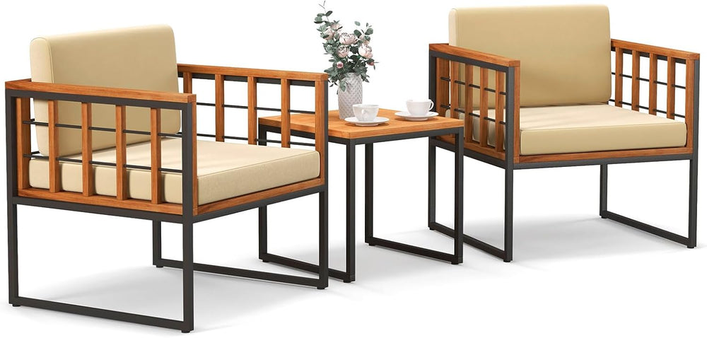 Tangkula 3 Pieces Patio Chair Set, Acacia Wood Outdoor Sofa Set with Metal Su...