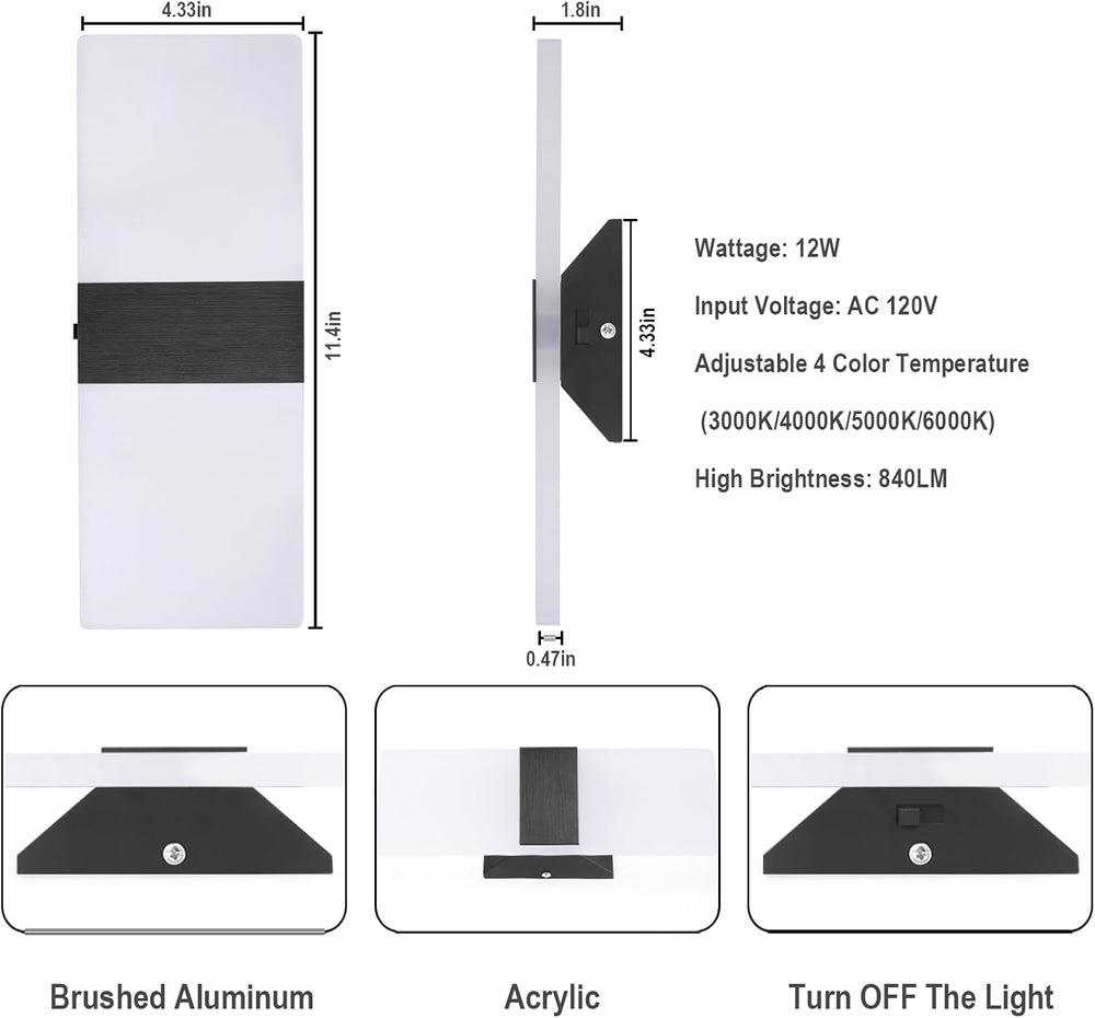 TRLIFE Dimmable LED Wall Sconces, 4 Color Temperature Modern Wall Sconce 12W ...
