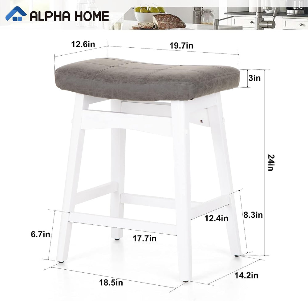 ALPHA HOME 24 Inch Bar Stools Set of 4, Solid Wood Saddle Kitchen Stools