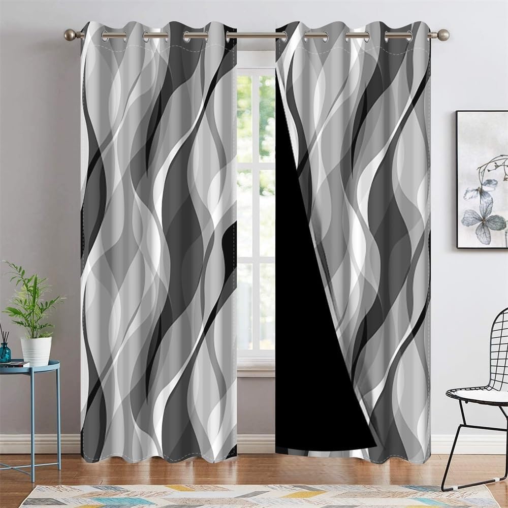 Modern Abstract Grey Striped Blackout Curtains Black and Grey Ombre Window Cu...