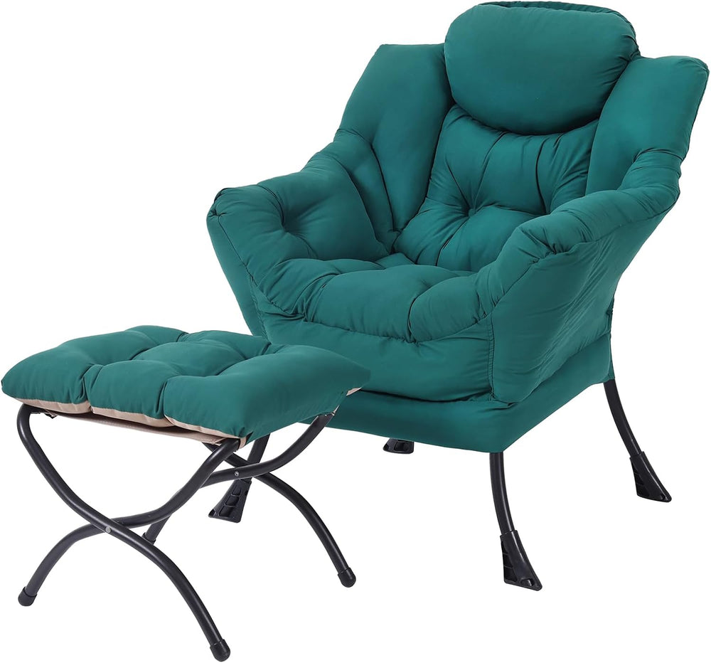 Modern Lazy Chair with Ottoman, Comfy Accent Reading Chair, Dark Green