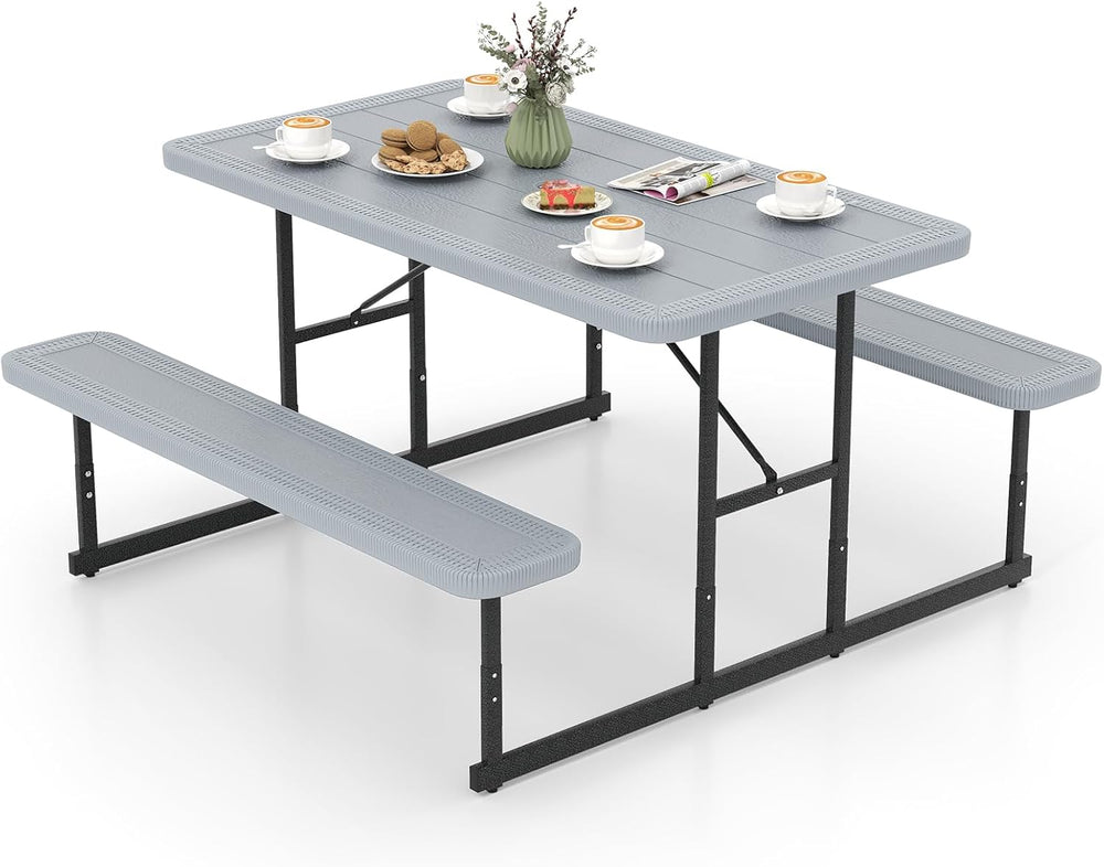 Tangkula Picnic Table, HDPE Outdoor Rectangular Table Bench Set with 2 Built-...