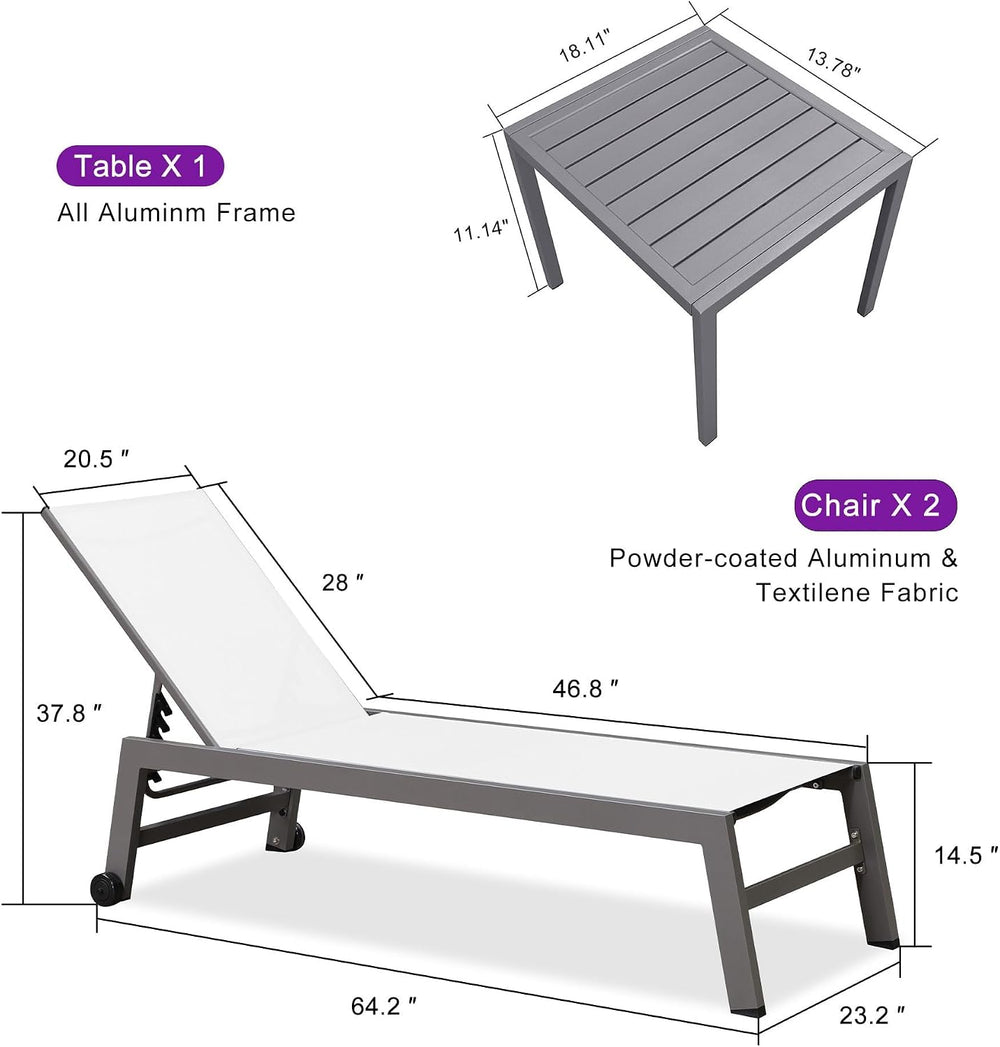 PURPLE LEAF Lounge Chair Outdoor Set for 2, All Weather Aluminum, White