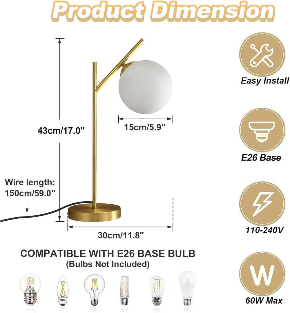 Mid Century Modern Table Lamp, 1 Light Brass Glass Globe Bedside Lamp, Contem...