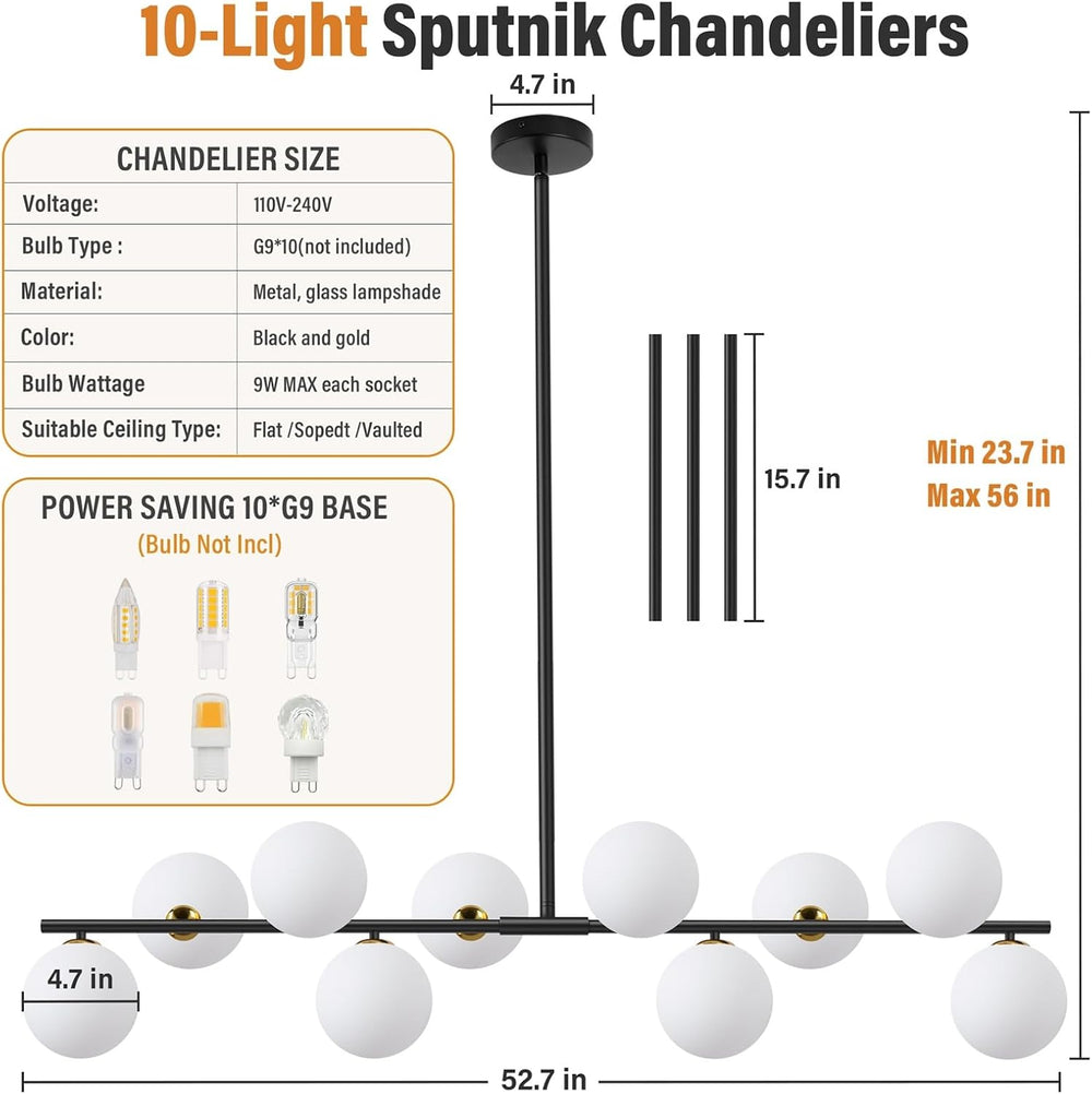 PAZALA 10-Light Black and Gold Sputnik Chandeliers, Height Adjustable Modern ...