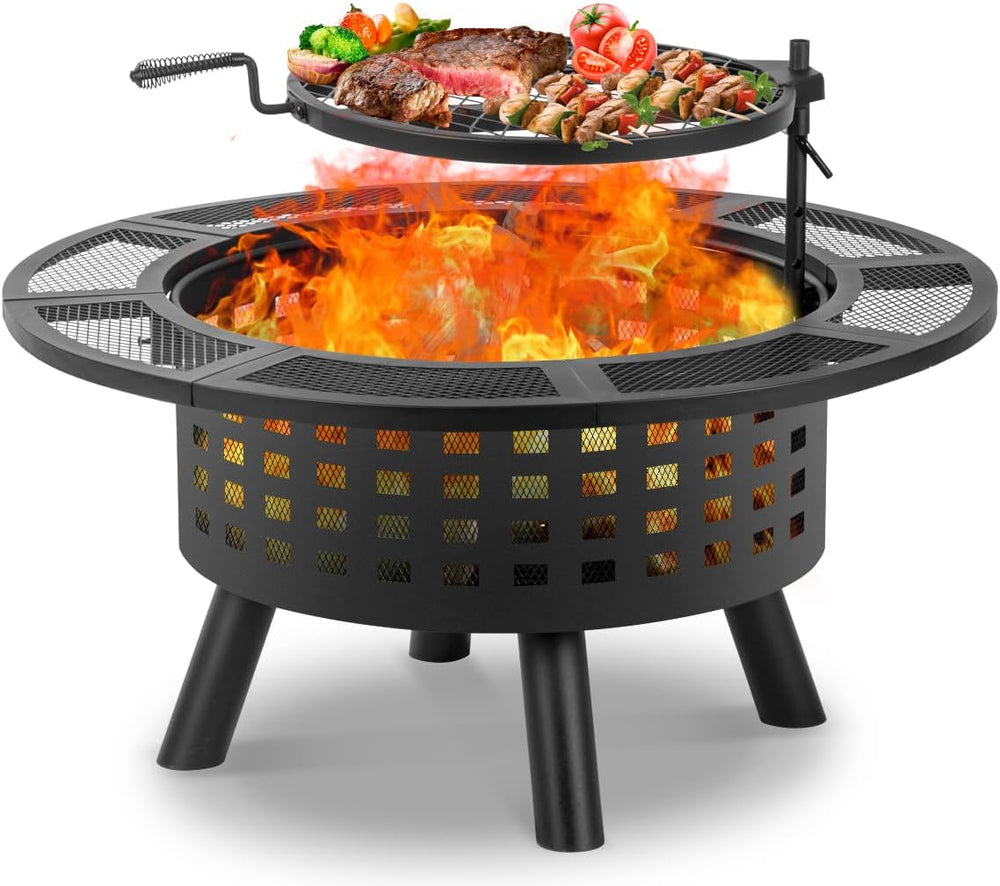Verdeluxe 36 inch Outdoor Fire Pit with Grill Wood Burning 3-in-1