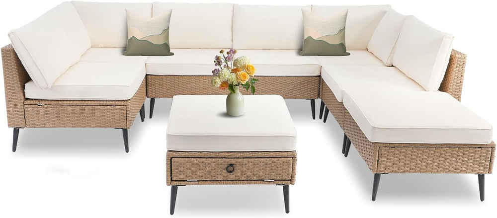 LVUYOYO 8 Pieces Outdoor Patio Furniture Set, Wicker Sectional Sofa Set for A...