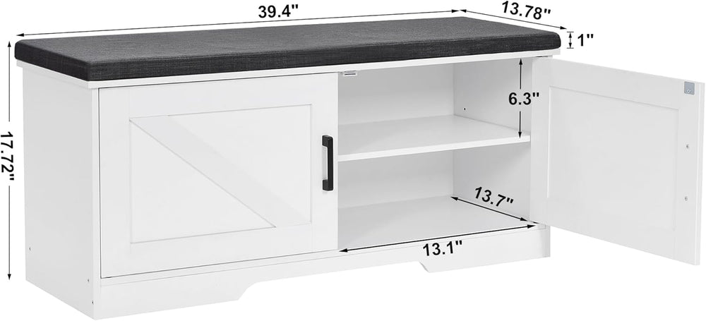 HOMSHO Farmhouse Shoe Storage Bench with 2 Barn Doors & Padded Seat Cushion