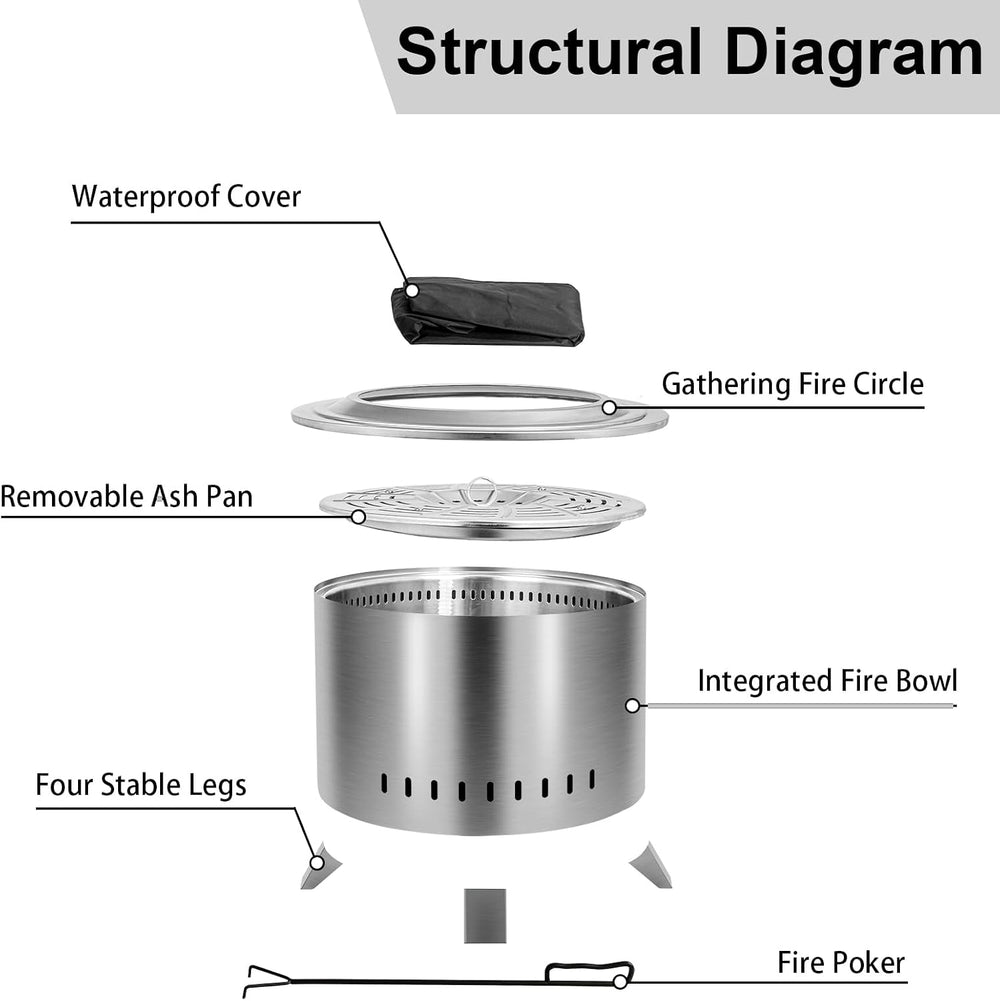 Verdeluxe 22 Inch Smokeless Fire Pit with Ash Pan Outdoor Stainless Steel
