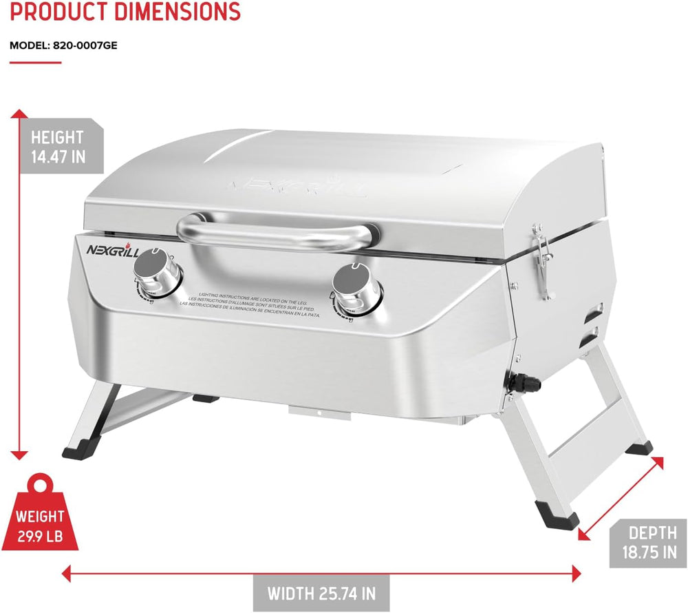 Nexgrill Tabletop 2 Burner Gas Grill, Stainless Steel with Folding Legs
