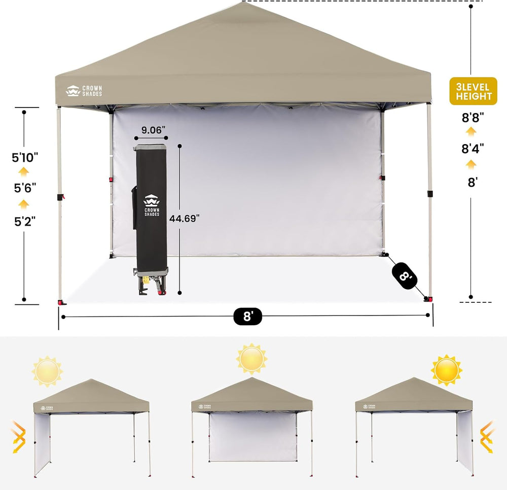 CROWN SHADES 8x8 Pop Up Canopy with 1 Side Wall, Beach Canopy Tent, Beige