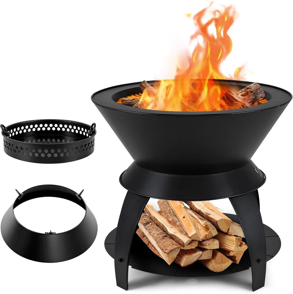 Tangkula Outdoor Fire Pit, 20 Inch Metal Fire Bowl with Pot Holder & Stor...