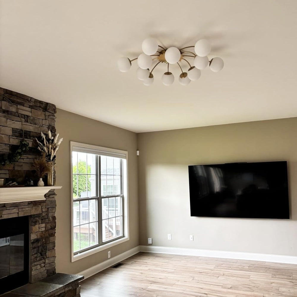 12-Light Large Bubble Ceiling Light with Milk Glass Globe Lampshade, Gold