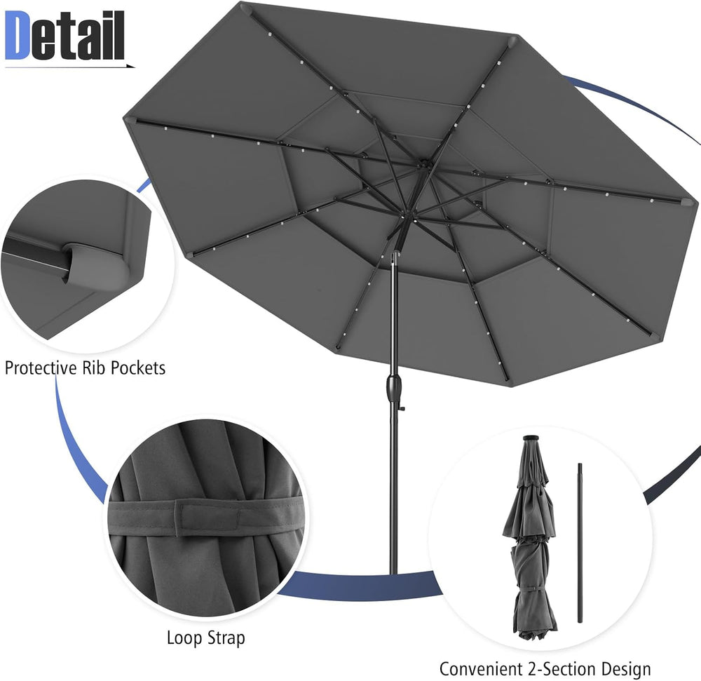 Tangkula 10 FT Solar LED Patio Umbrella, 3-Tier Vented Outdoor Market Table U...