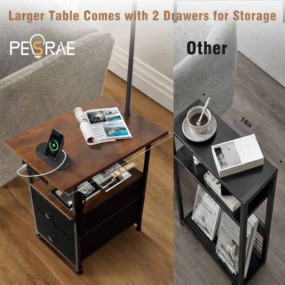 PESRAE Floor Lamp with Table & 2 Drawers, End Table with Lamp, Rustic Brown