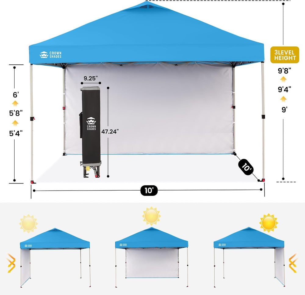 CROWN SHADES 10x10 Pop Up Canopy with 1 Side Wall, Beach Tent, Sky Blue