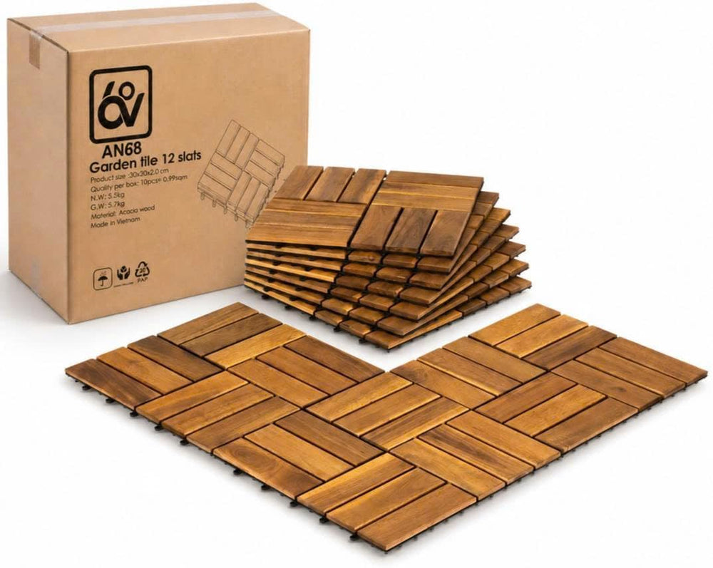 Interlocking Deck Tiles, 10 PCS 12" x 12" Acacia Wood, Natural Color