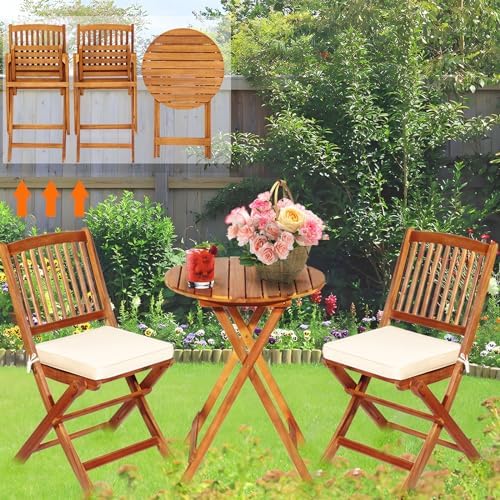 S AFSTAR Bistro Table and Chairs Set of 2, Acacia Wood Folding Bistro Set for...