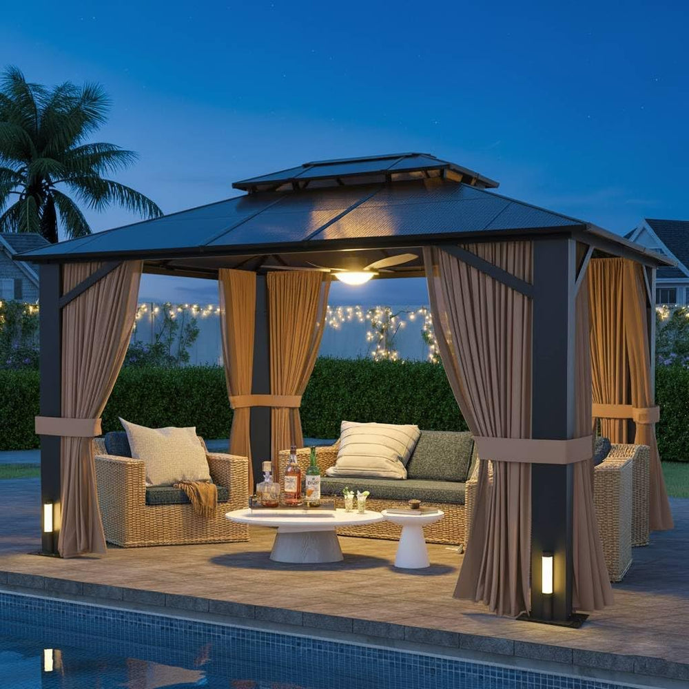 10x12 Hardtop Gazebo with Curtains & Netting, Double Roof Polycarbonate C...