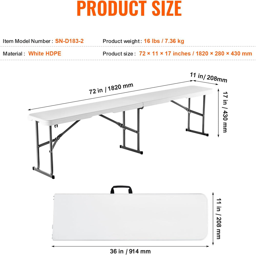 VEVOR Plastic Folding Bench, 6ft Portable Folding Bench, Smooth High Density ...