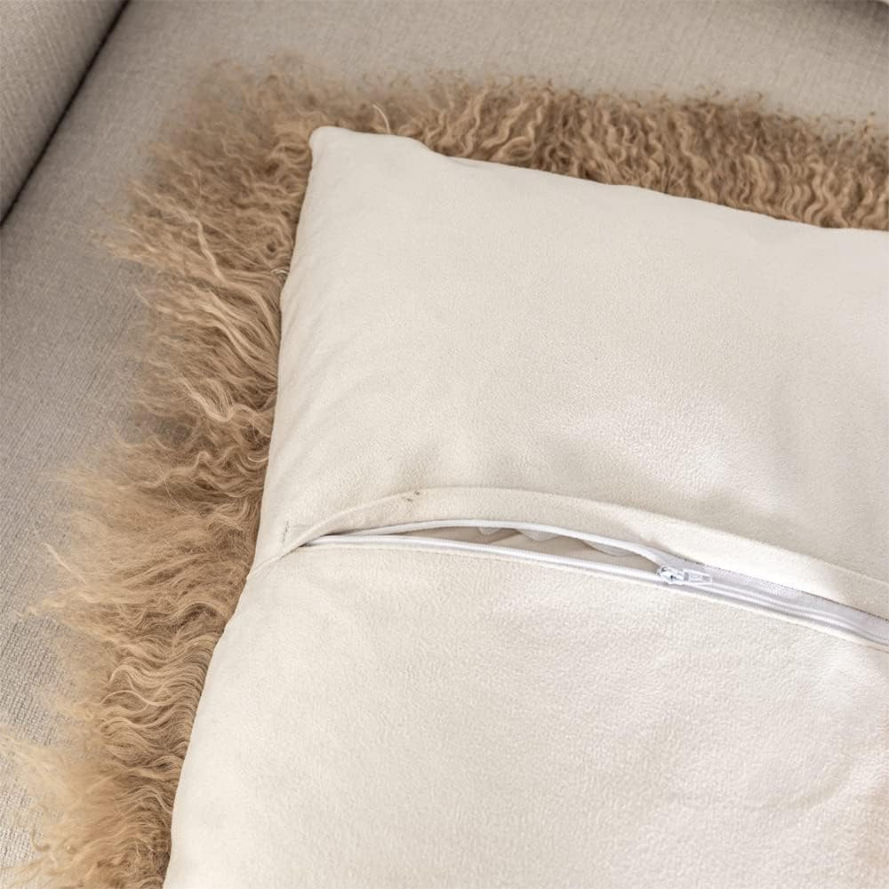 Mongolian Lamb Fur Throw Pillow Cover (20'' x 20'', Khaki)
