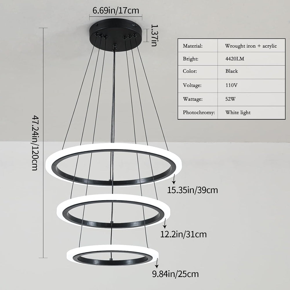 O'NEELDY Modern 3 Ring LED 52W Black Pendant Light with Irregular Ring Li...