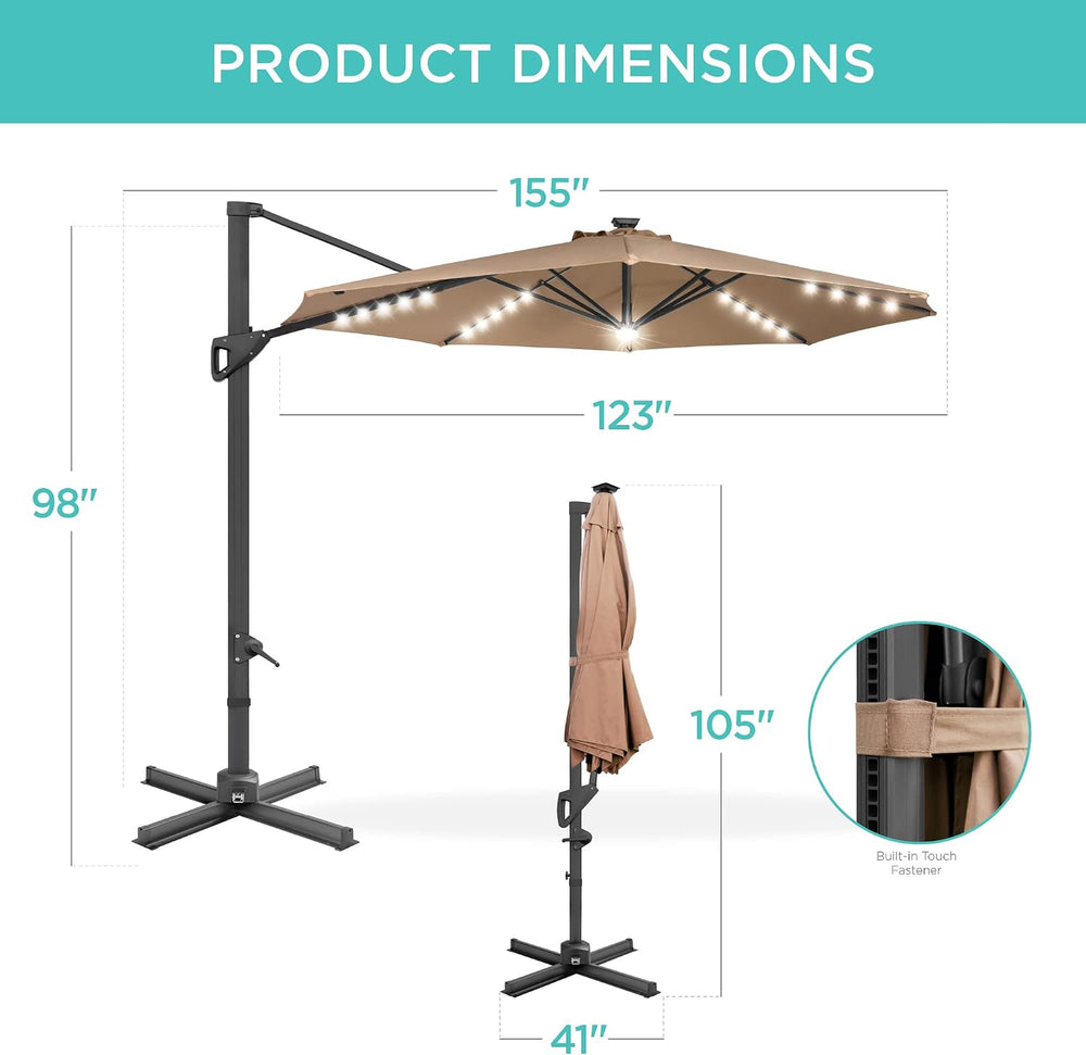 Best Choice Products 10ft Solar LED Cantilever Patio Umbrella, 360-Degree Rot...
