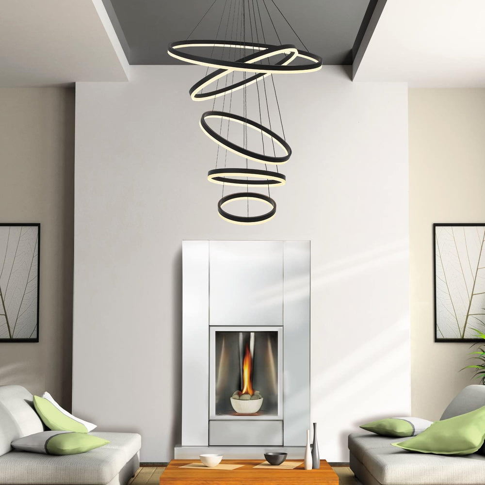 5-Rings Modern LED Chandelier Black Dimmable High Ceiling Chandelier for Dini...