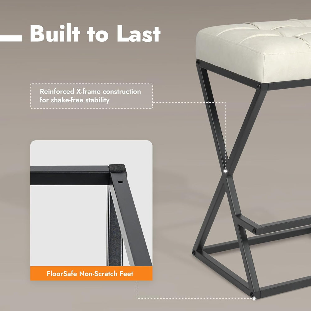 Bar Stools Set of 2, 26 Inch Counter Height Faux Leather Cream White