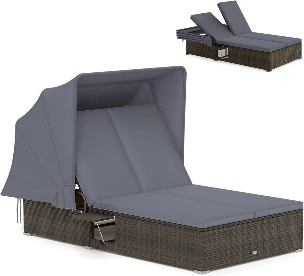 RELAX4LIFE Outdoor Rattan Daybed w/Canopy - Wicker Double Chaise Lounge w/6-P...
