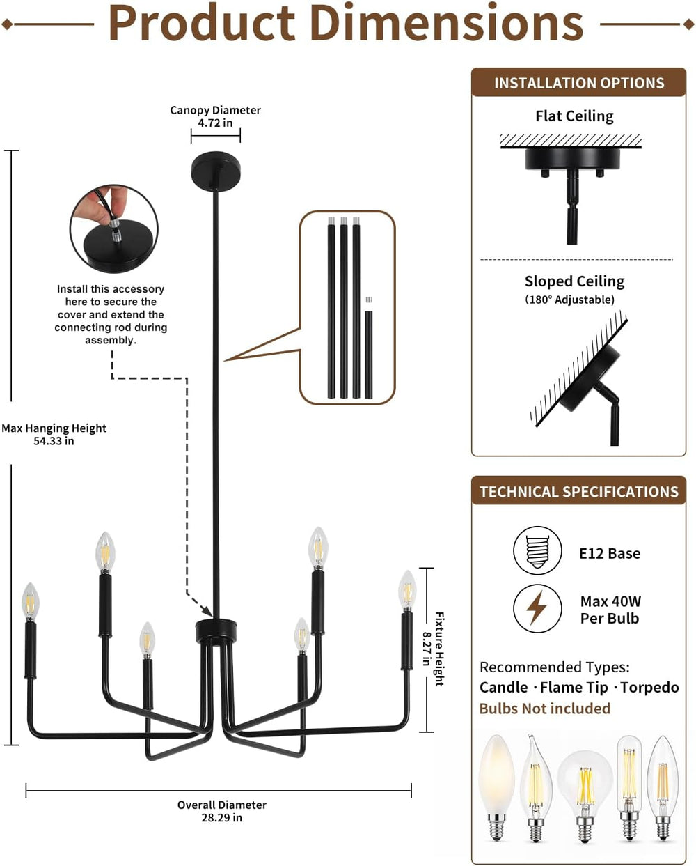 Black Chandelier for Dining Room, Modern 6-Light Farmhouse Chandeliers Lighti...