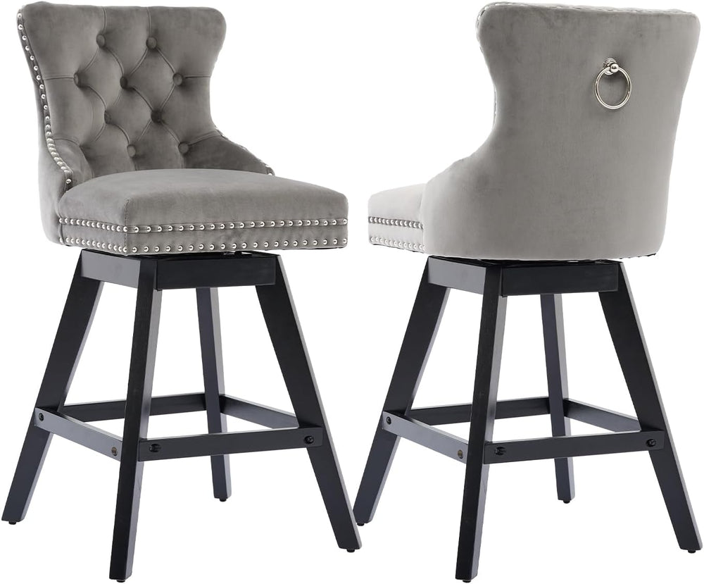 Grey Velvet Bar Stools Set of 2, 26" Swivel Counter Height Chairs