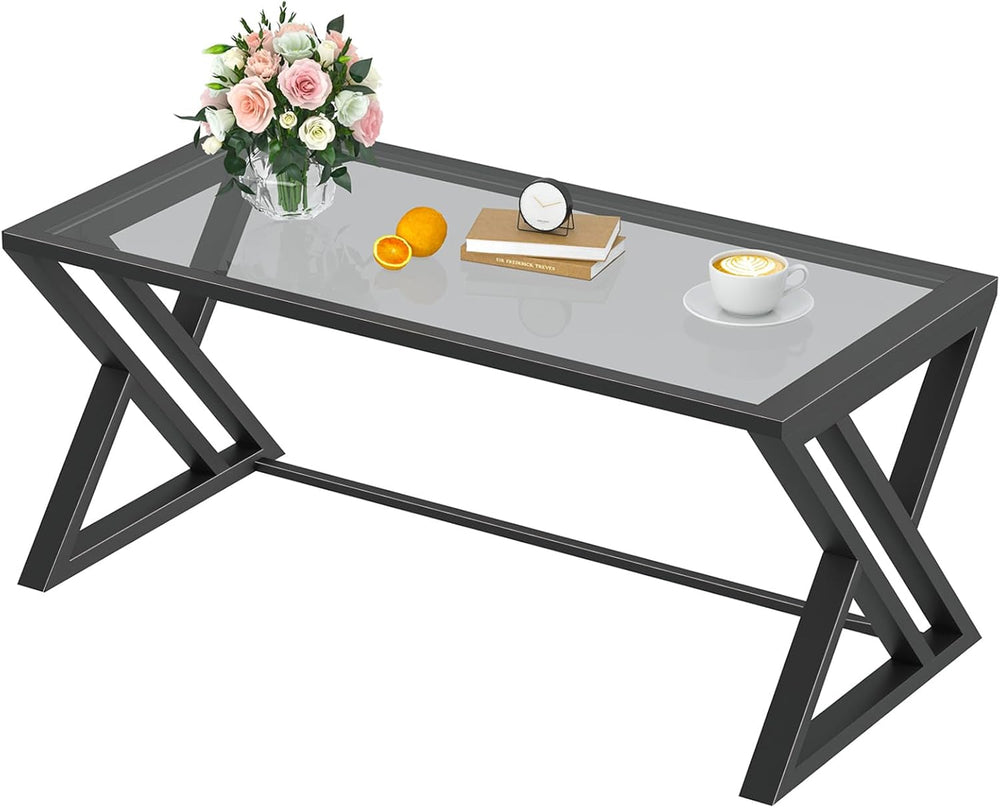 Wolawu Coffee Table Grey Glass Coffee Table for Living Room,Modern Rectangula...