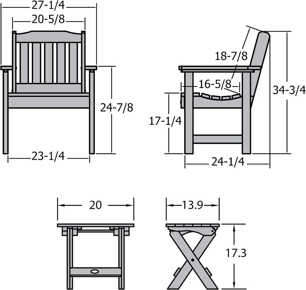 highwood Lehigh (2) Garden Chairs with Folding Side Table, Weathered Acorn