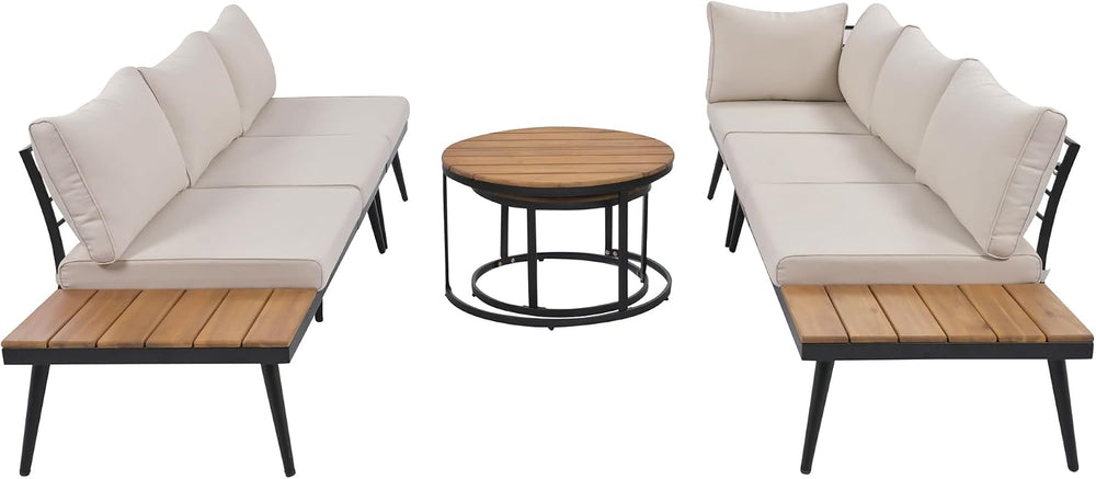 Modern Outdoor Sectional Sofa Set with Round Nesting Coffee Tables and Cushio...
