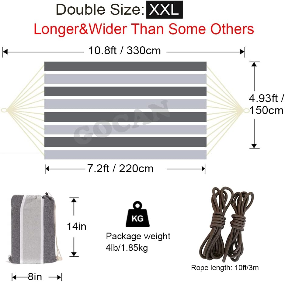 GOCAN Hammock 2 Person Outdoor bedsize 220 x 150cm（Gray & White Stripes）