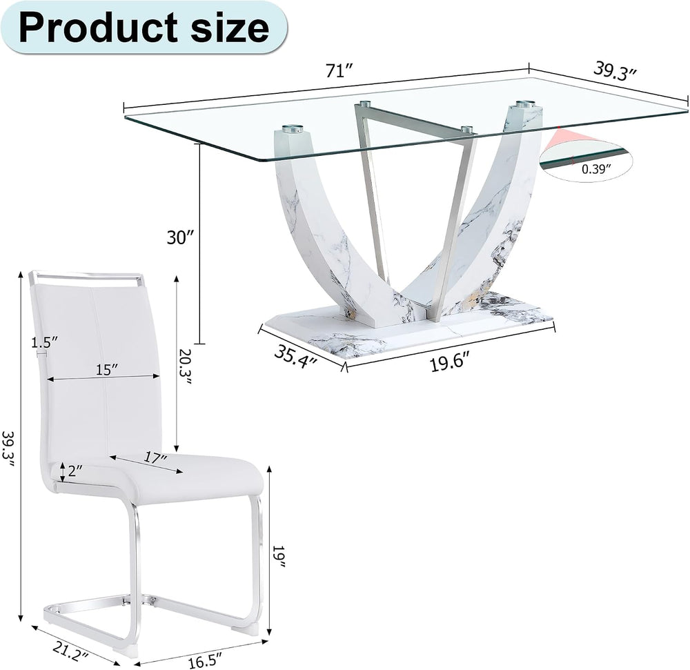 JUFU 7-Piece White Dining Table Set for 6, 63" Rectangular Glass Dining ...