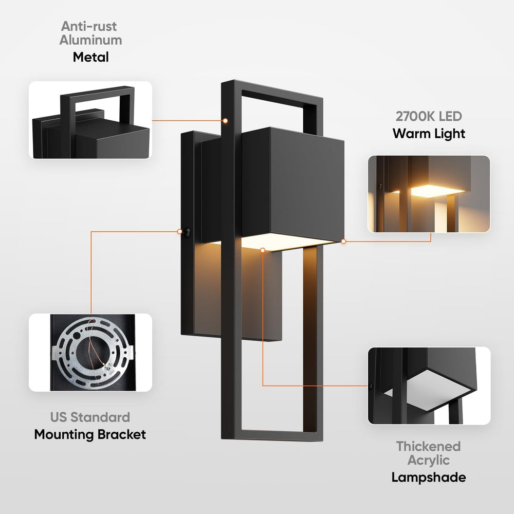 2-Pack Modern Outdoor Wall Lights, LED Black Porch Light, 3000K