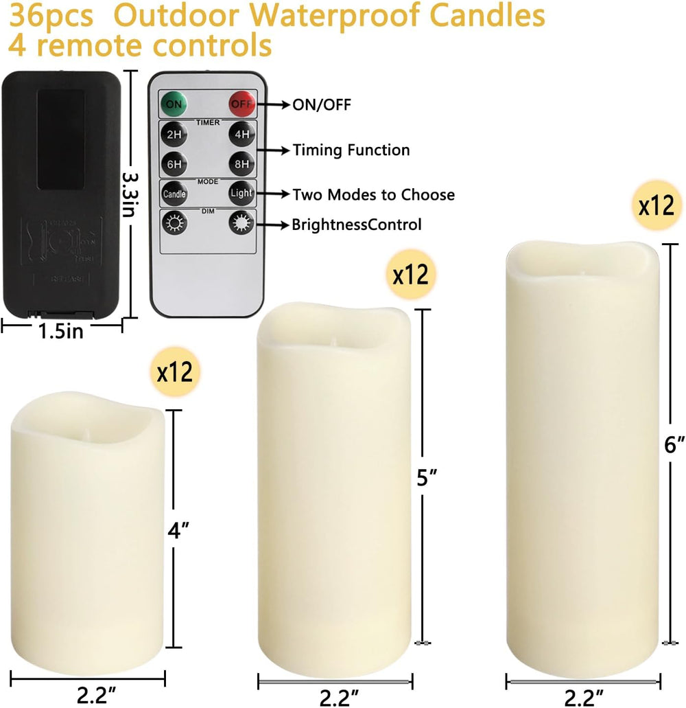 36 Pack Waterproof Flameless LED Candles - Outdoor Battery Operated Candles w...