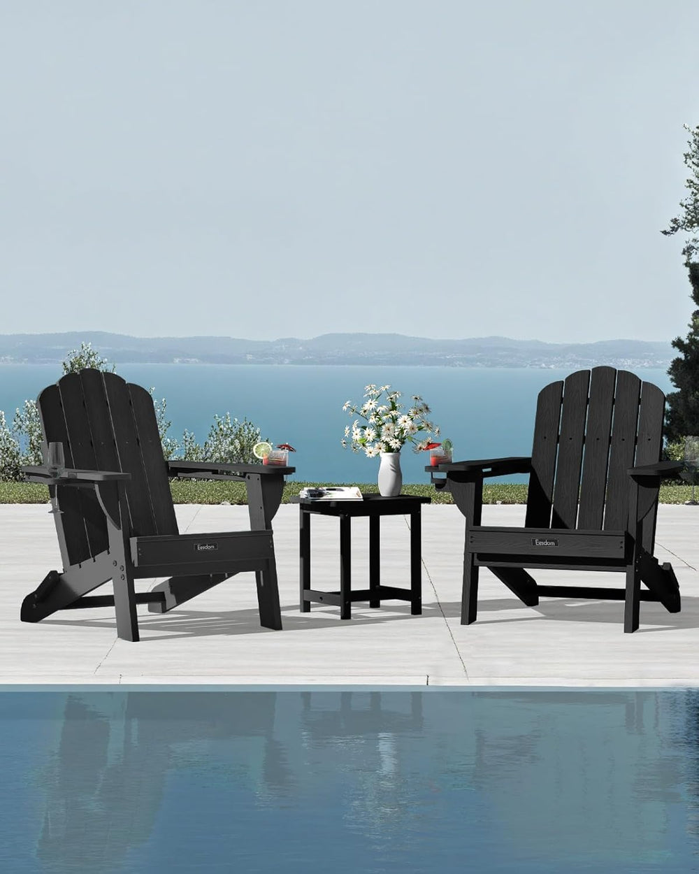 Folding Adirondack Chair, All-Weather HDPE Plastic Patio Chair with 2 Cup Hol...